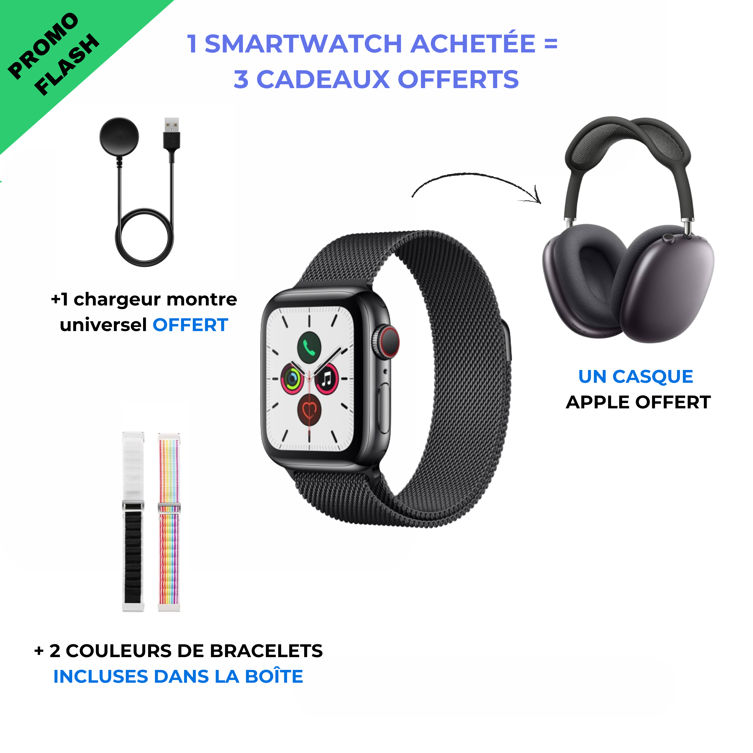 Smartwatch BEN (1 Achetée = 2 Couleurs OFFERTES + Un casque Bluetooth offert)