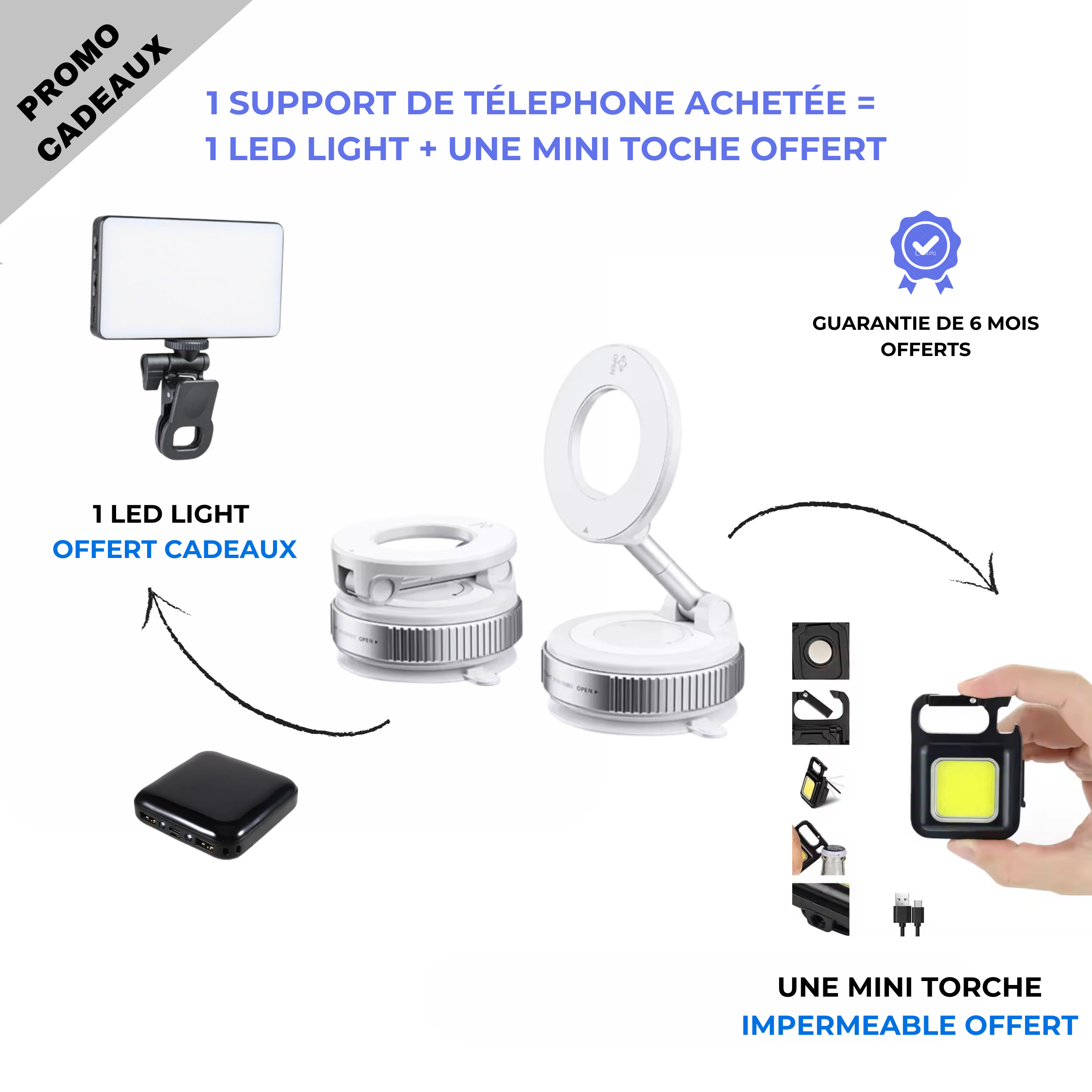 Support téléphone BN + Led light + mini torche