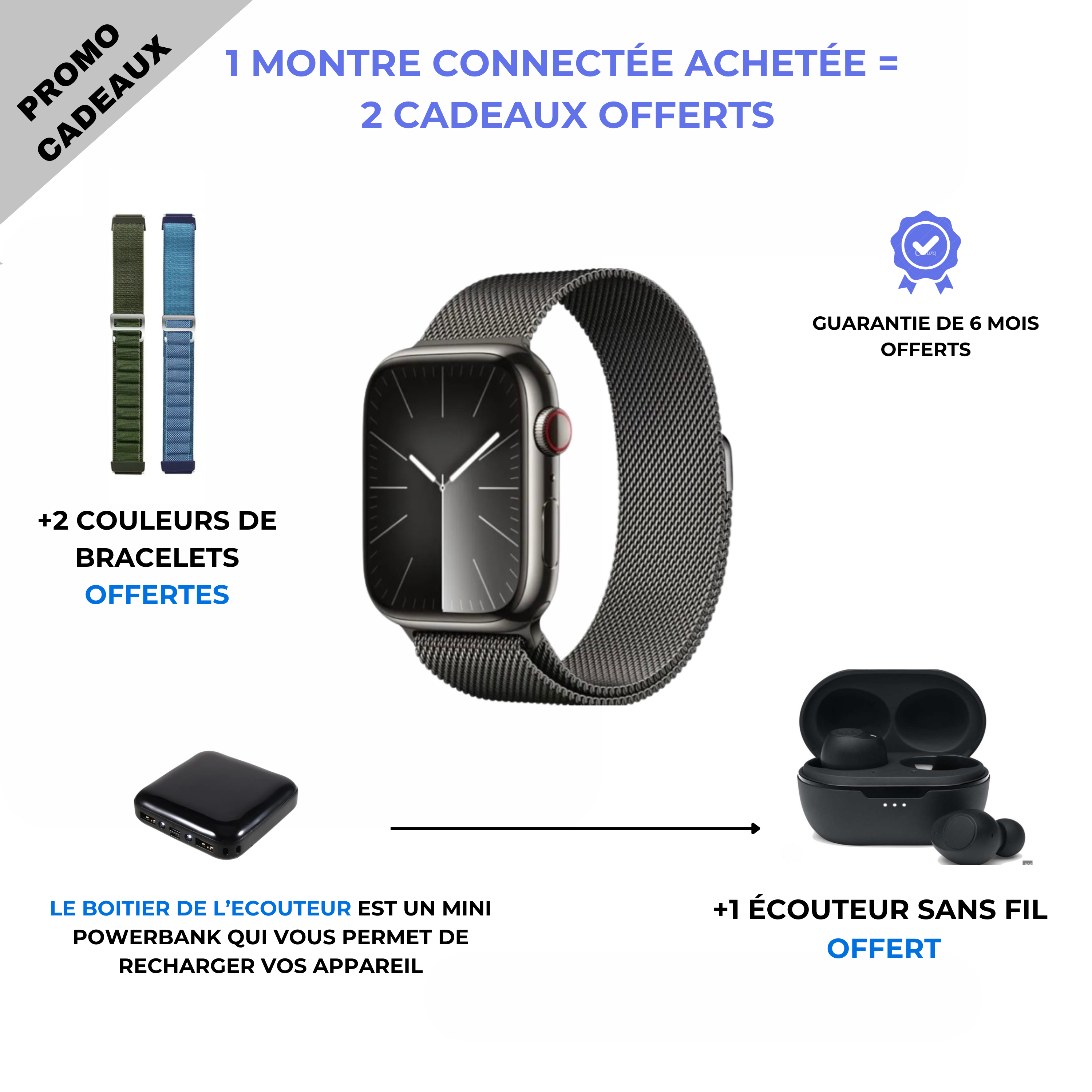 Smartwatch CIV(1 Achetée = 2 Couleurs OFFERTES) + Un ECOUTEUR POWERBANK