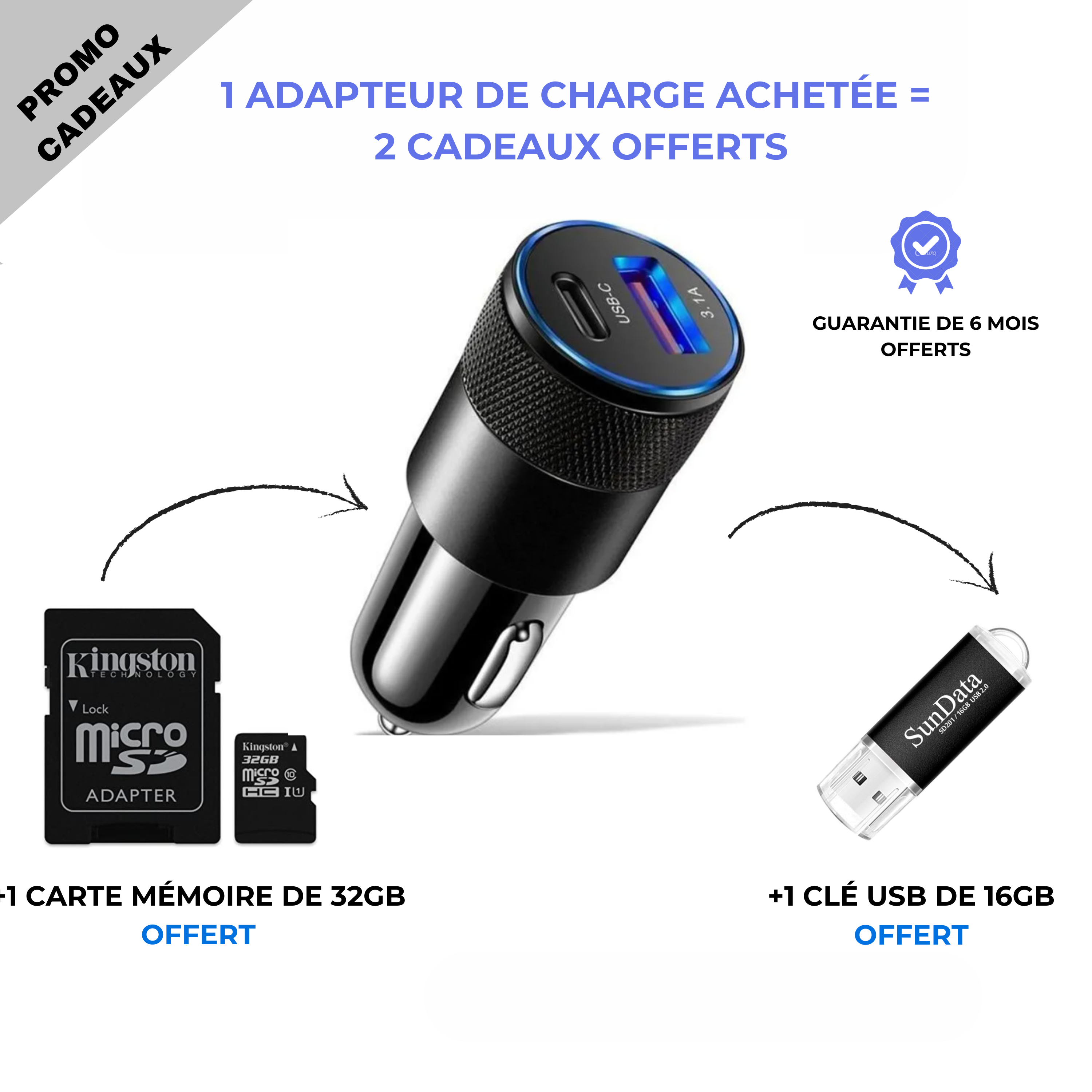 chargeur voiture pour tout appareil + une clé usb + une carte mémoire