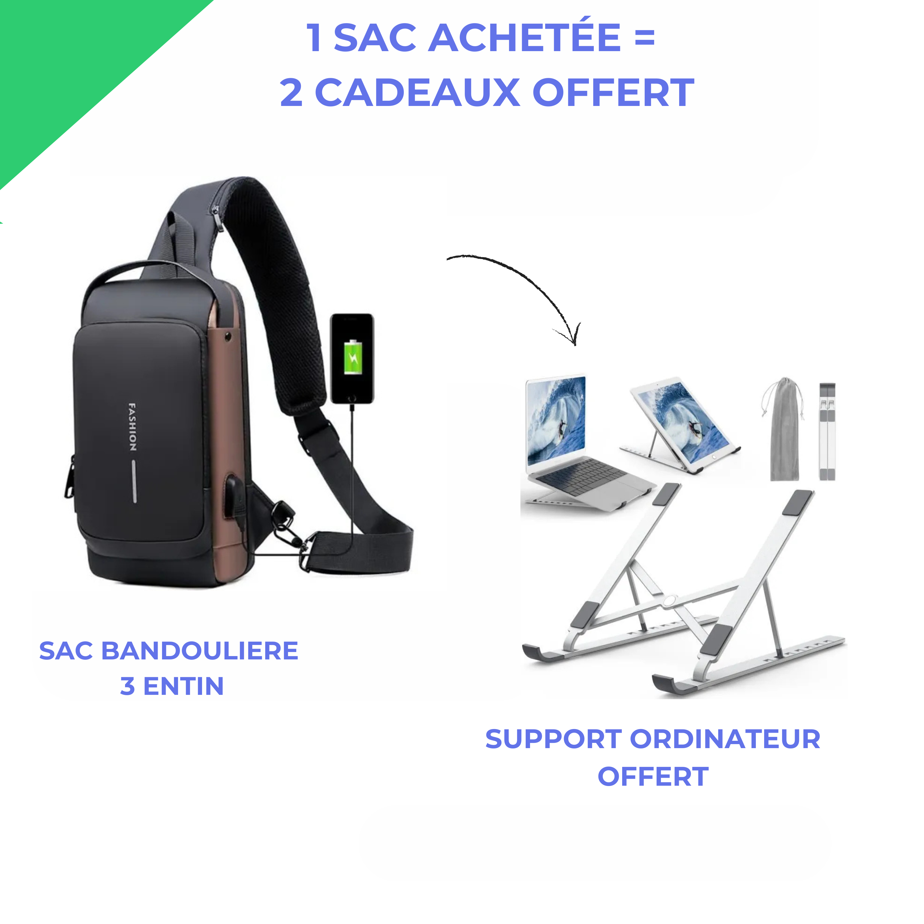 sac bandouliere + support ordinateur + support téléphone