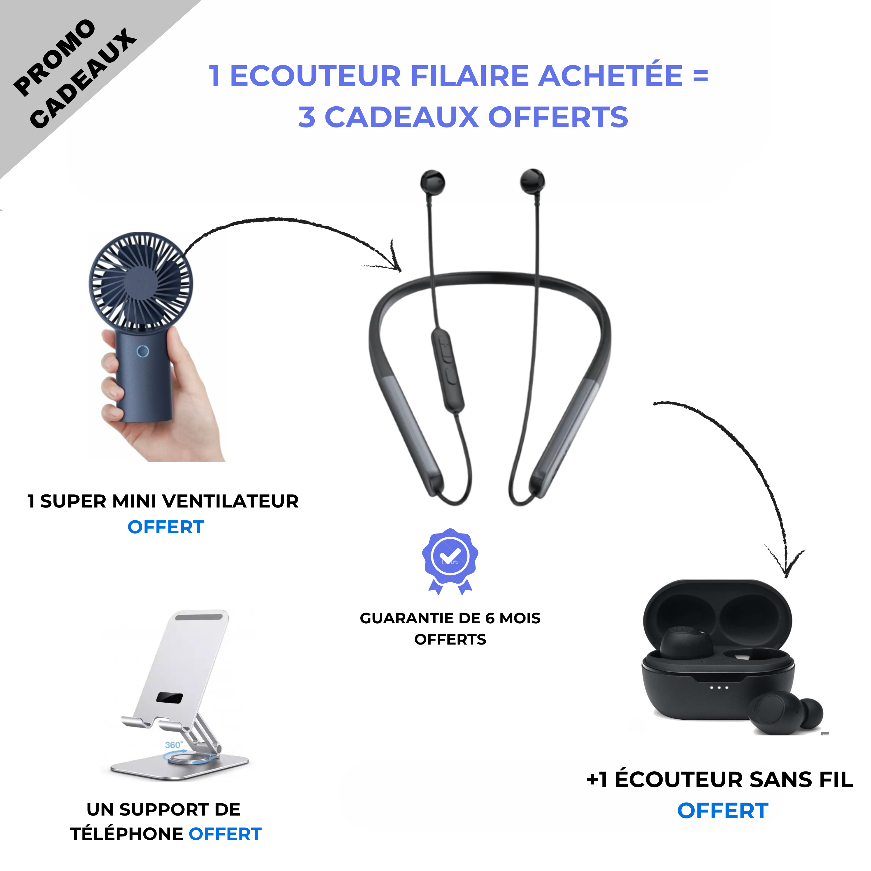 Ecouteur filaire + un mini ventilo + un ecouteur powerbank + un support de téléphone